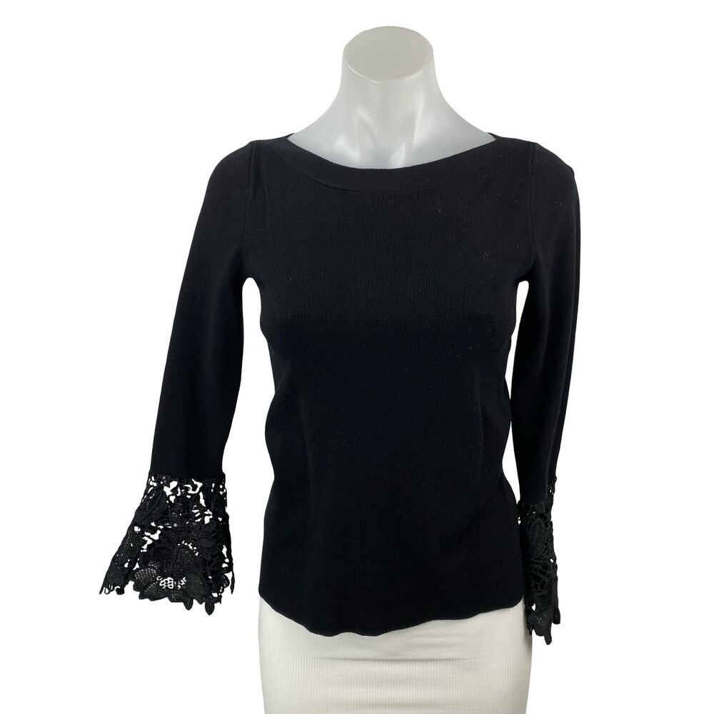 INC International Concepts Black Long Bell Sleeve Floral Lace Blouse Top Size XS